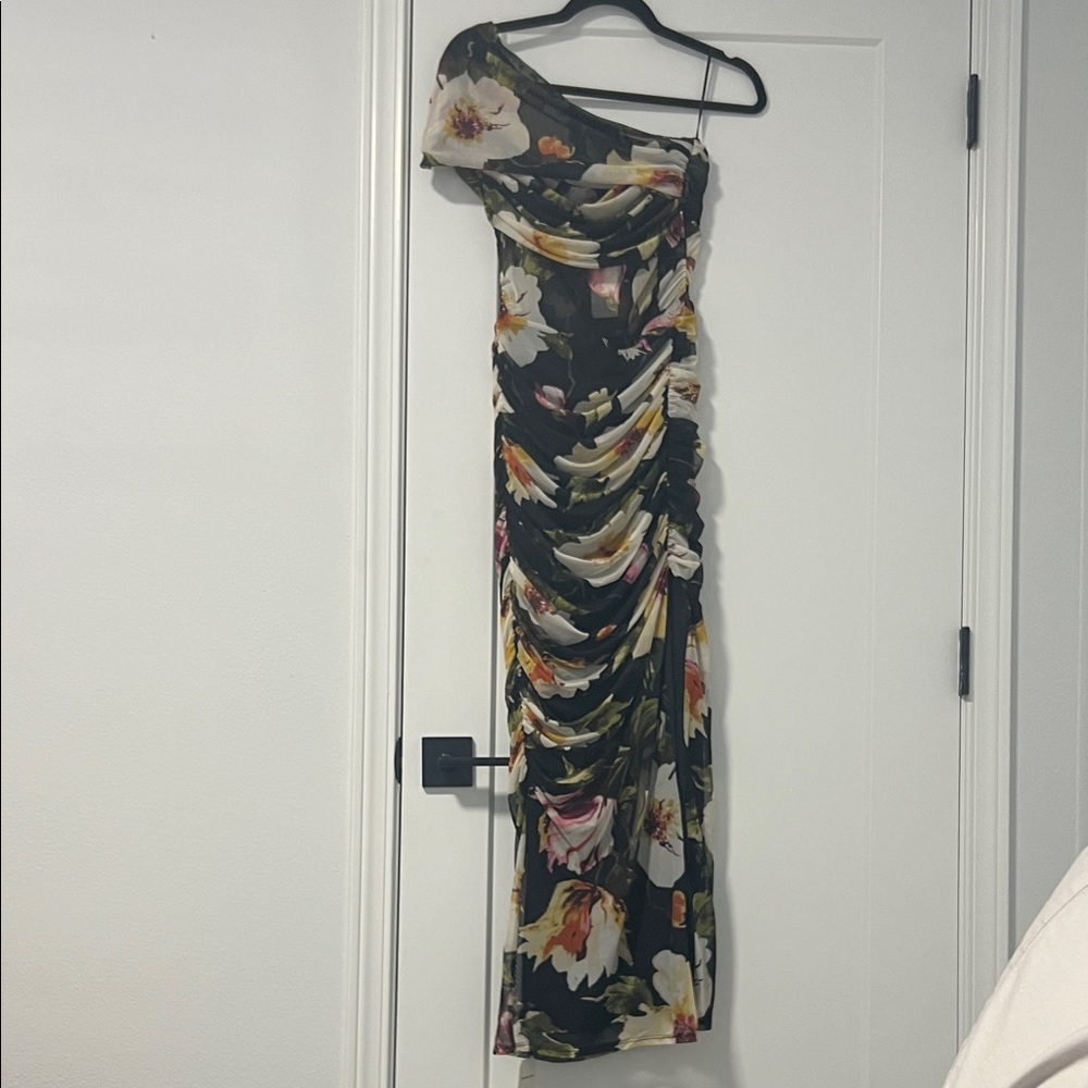 Abercrombie & Fitch Mesh Asymmetrical Off-The-Shoulder Draped Maxi Dress, SP